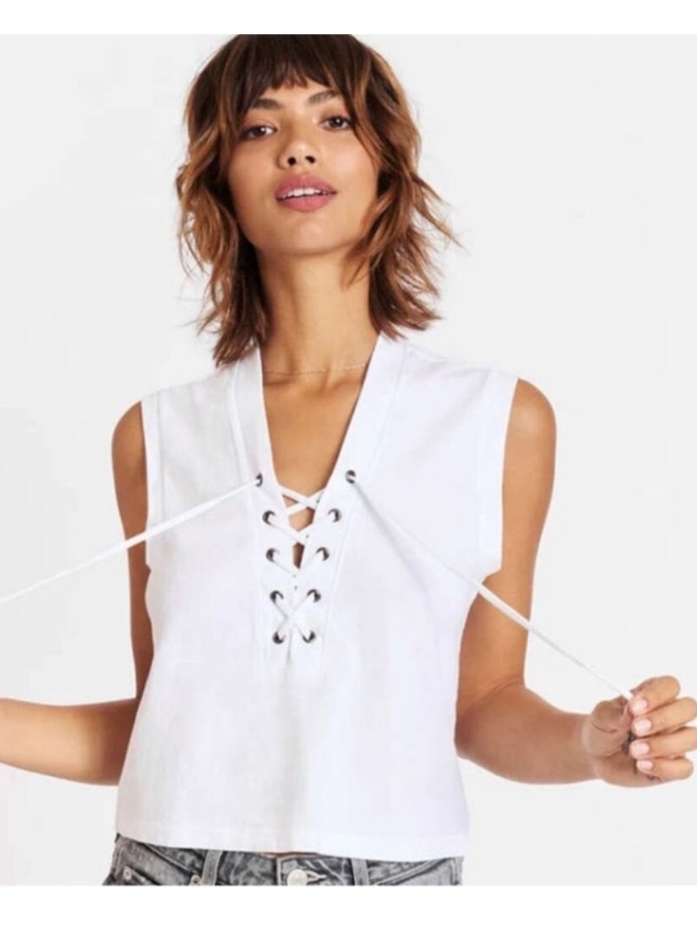 AMO Aviva White Cotton Lace-Up V-Neck Sleeveless Top Small